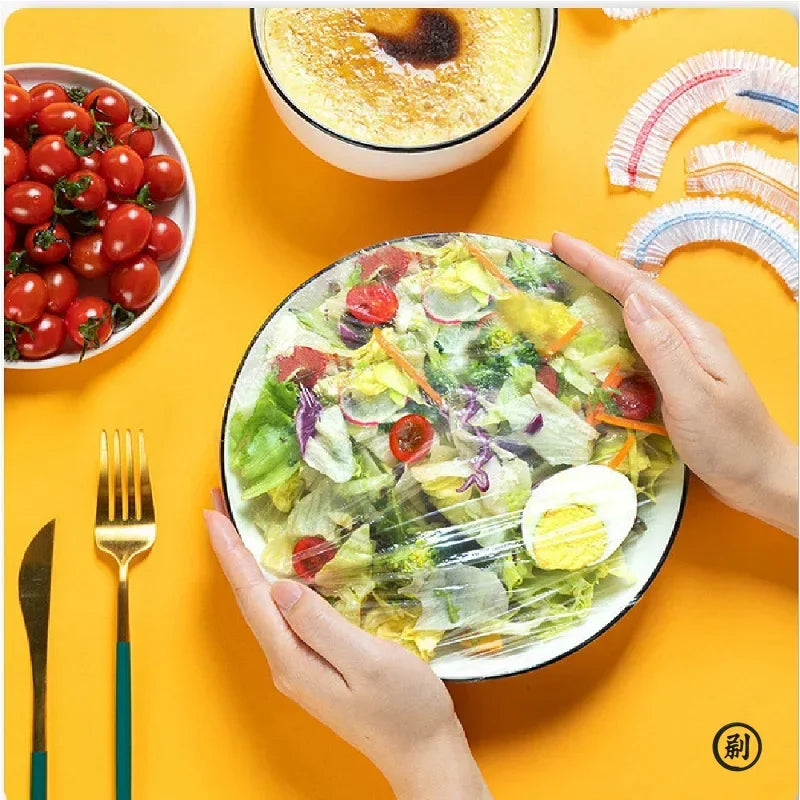 100 Pcs Elastic Food Covers, Disposable Plastic Bowl Lids for Fruit & Vegetable Storage, Freshness Seal Wraps