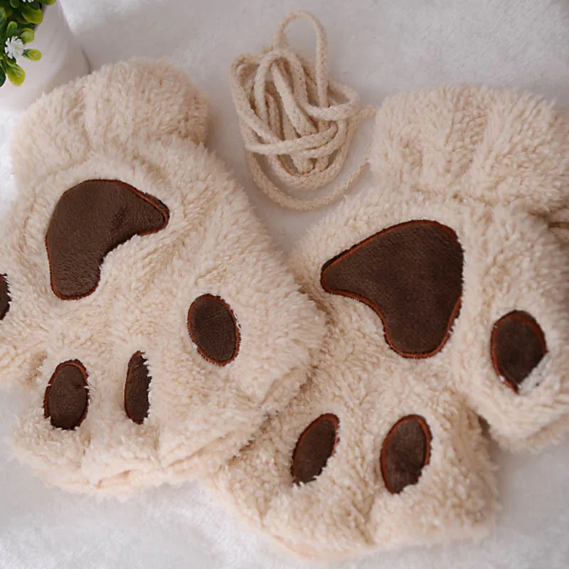Fingerless Gloves, Cute Cat Paw Plush Gloves for Women & Adults
