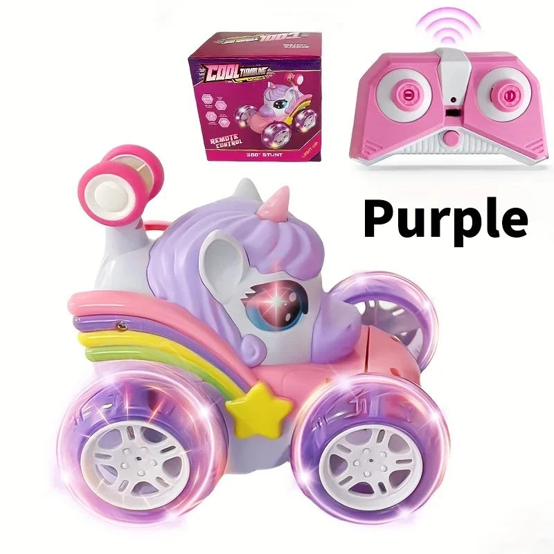 Unicorn Remote Control Car for Girls, 360° Rotating 4WD Stunt RC Cars with Cute Lights, Rechargeable Toys-Kid for Birthday Gifts