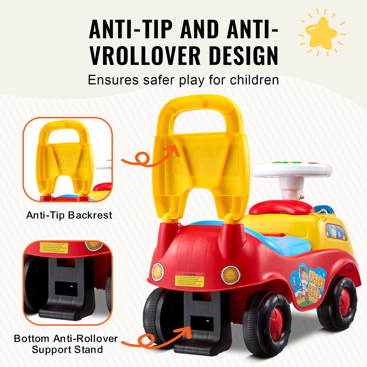 Toddler Ride-On Push Car with Music, Steering Wheel and Storage