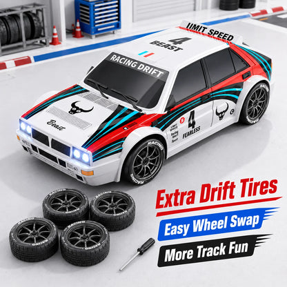 ZNLYRION RC Car Drifting Race Car 1:24 Scale 4 Wheel Drive 20km/h Adjustable High/Low Speed With Spare Drift Tires LED Headlight Taillight RC Toy For Boys Adult