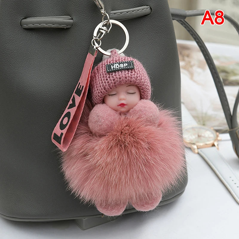 Pompom Sleeping Baby Keychain Cute Fluffy Plush Doll Keyholder Women Girl Bags Keyrings Cars Key Ring Gift Charming Decoration