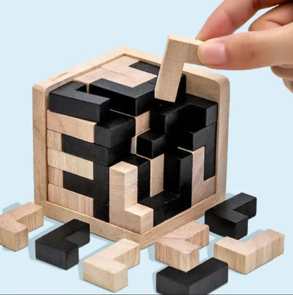 3D Wooden Cube Puzzle – Interlocking Brain Teaser Game