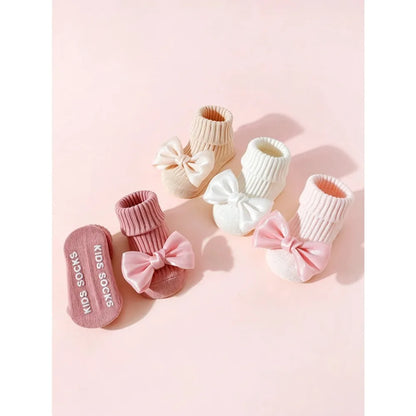 4 Pairs Toddler Socks with Bows, Soft Cotton Cute Ankle Socks for Infants Girls, Fashion Anty-Slip Newborn Baby Socks 0-24 Month