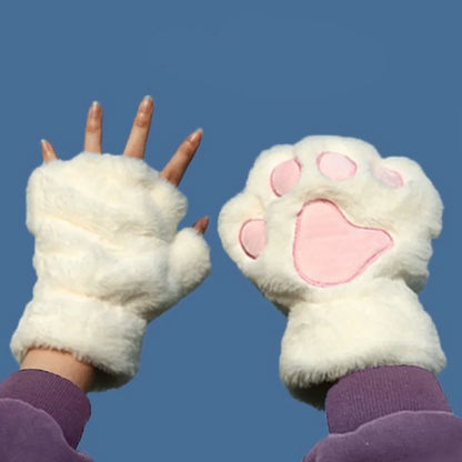 Cat Paw Fingerless Gloves – Plush Wrist Mittens for Adults
