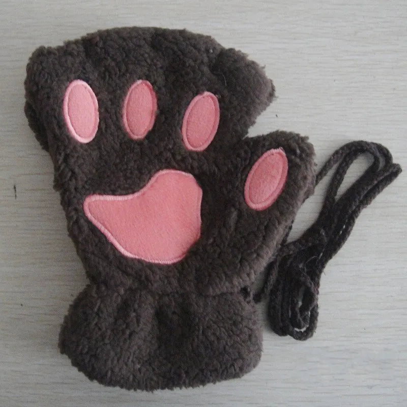 Fingerless Gloves, Cute Cat Paw Plush Gloves for Women & Adults