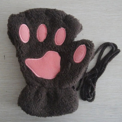 Fingerless Gloves, Cute Cat Paw Plush Gloves for Women & Adults