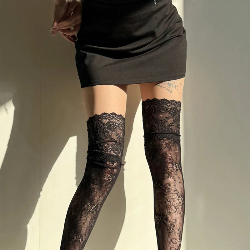 Women’s Fishnet Stockings – Lace Floral Thigh High Socks
