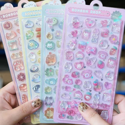 Kawaii 3D Jelly Resin Stickers Cute Cartoon Sparkle Transparent Decals for Scrapbooking Phone Case Laptop DIY Decor