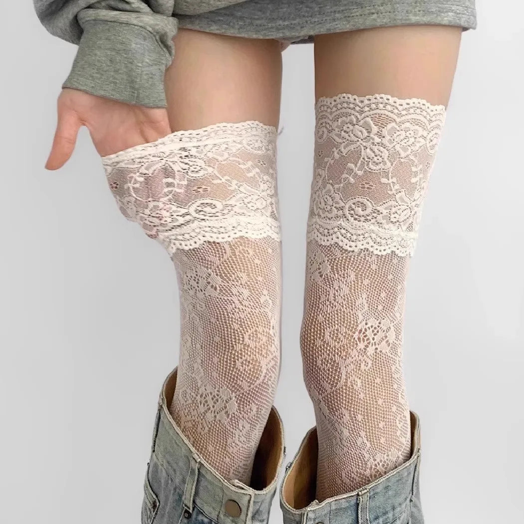 Women’s Fishnet Stockings – Lace Floral Thigh High Socks