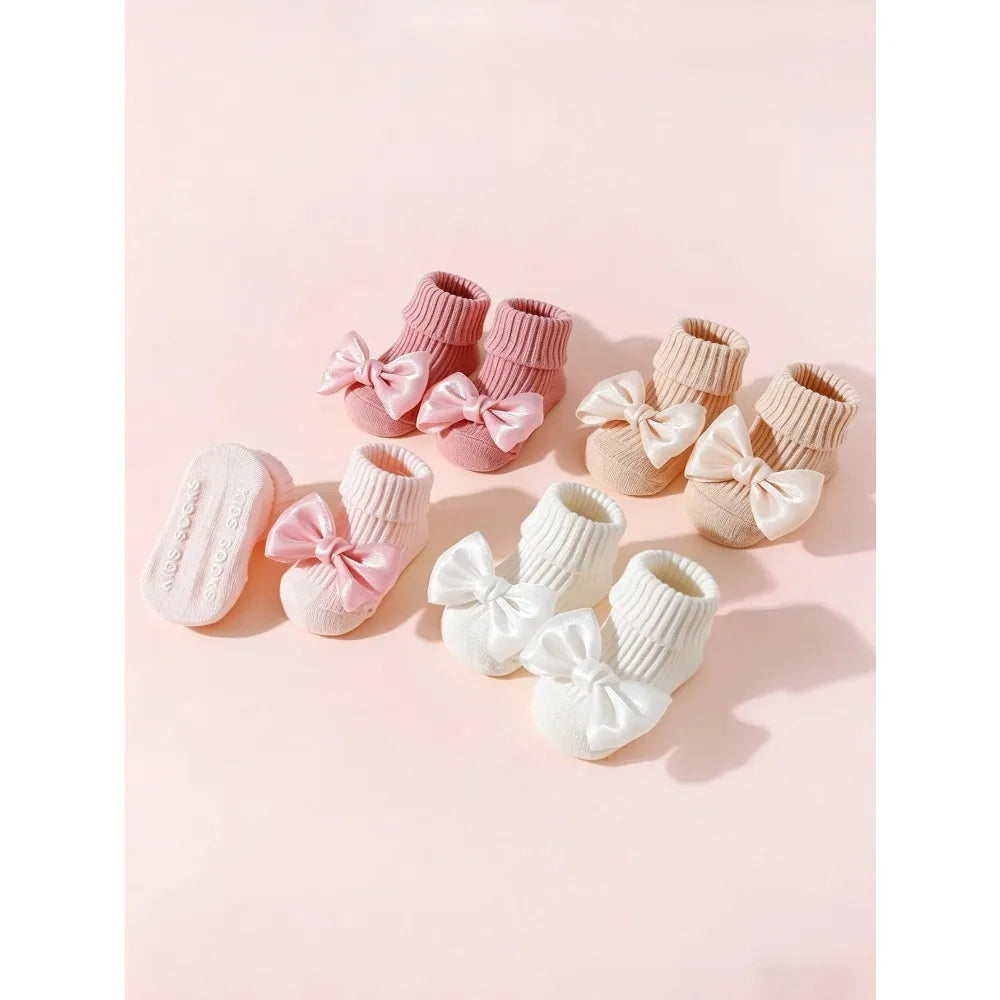 4 Pairs Toddler Socks with Bows, Soft Cotton Cute Ankle Socks for Infants Girls, Fashion Anty-Slip Newborn Baby Socks 0-24 Month