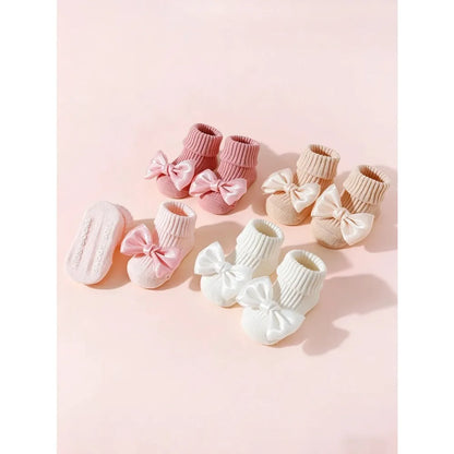 4 Pairs Toddler Socks with Bows, Soft Cotton Cute Ankle Socks for Infants Girls, Fashion Anty-Slip Newborn Baby Socks 0-24 Month