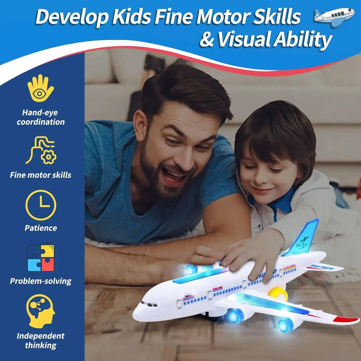 Electronic Airplane Toy with Music, Lights and Obstacle Avoidance