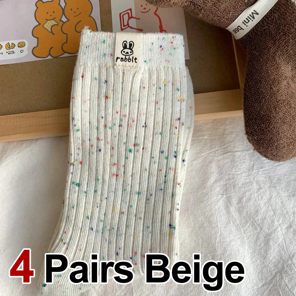 4 Pairs Women Cartoon Print Mid Tube Socks Fashionable Spring Summer Sweat Absorbing Breathable Soft Comfortable Casual Socks