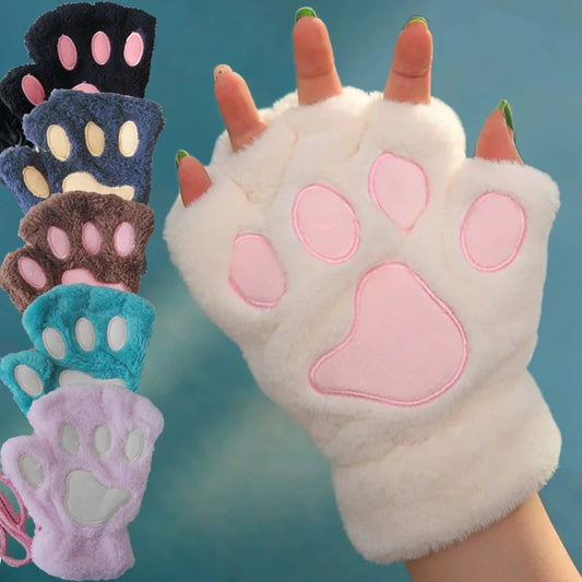 Fingerless Gloves, Cute Cat Paw Plush Gloves for Women & Adults