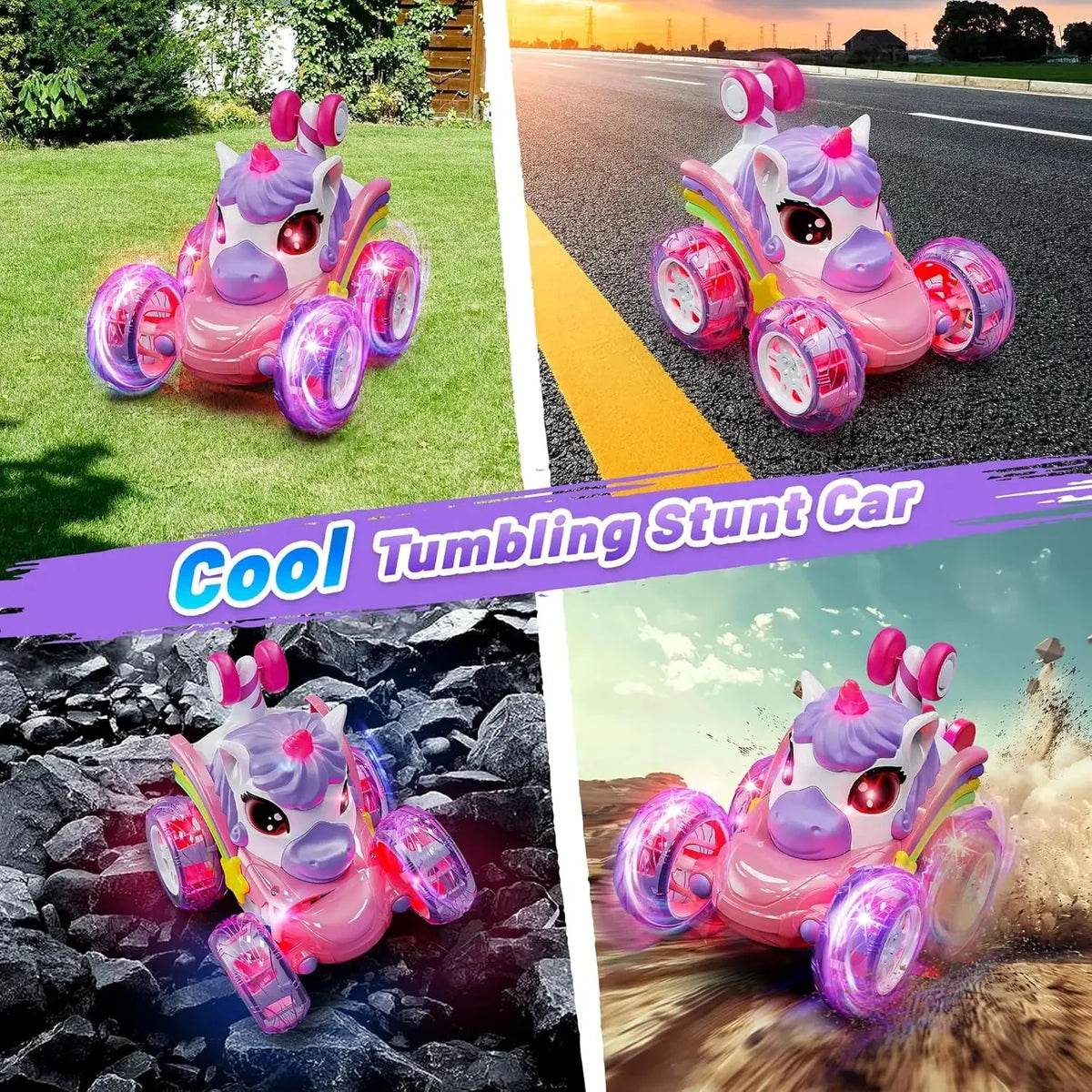 Unicorn Remote Control Car for Girls, 360° Rotating 4WD Stunt RC Cars with Cute Lights, Rechargeable Toys-Kid for Birthday Gifts