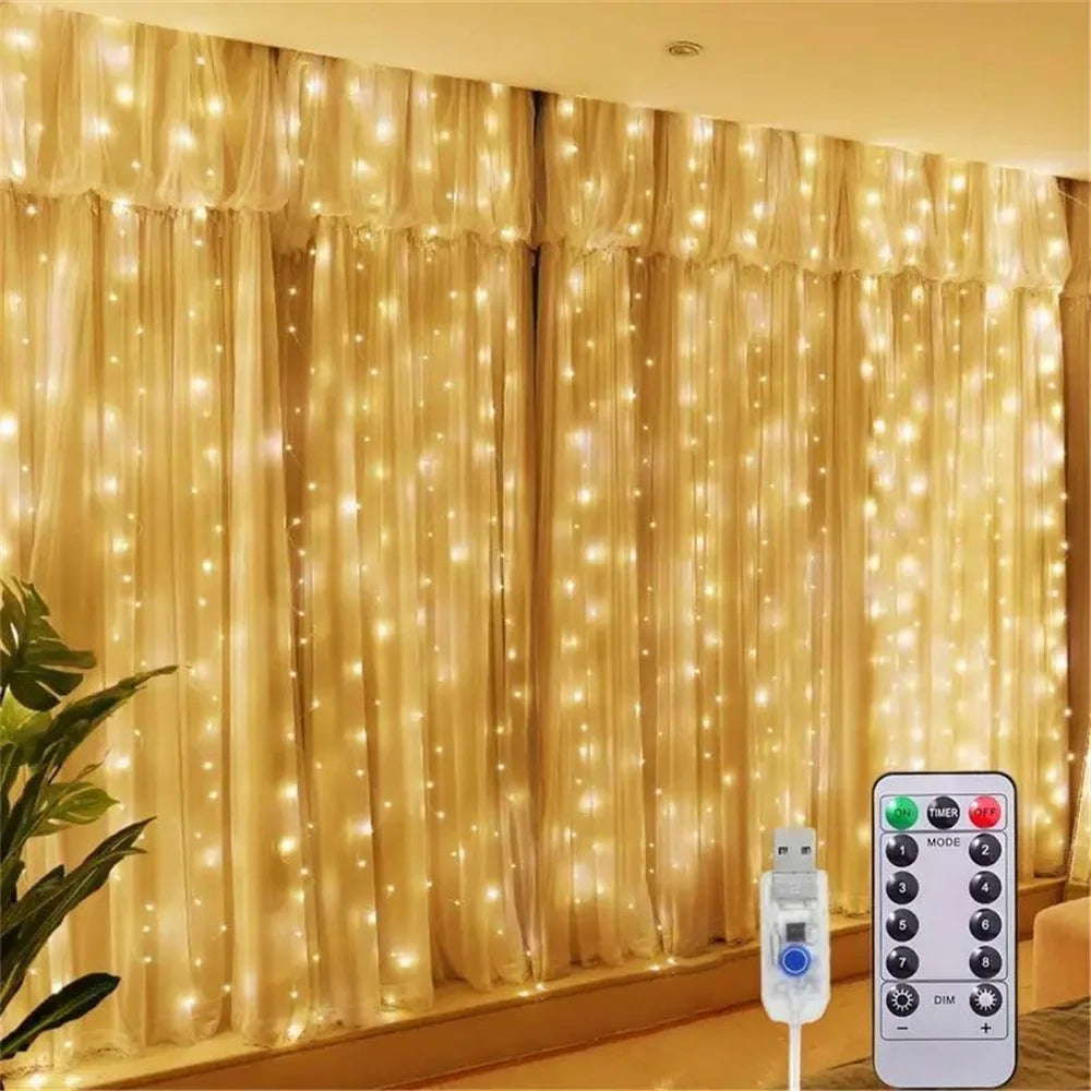 3/6M USB LED Curtain 8Modes Remote Control Lights Holiday Wedding Garland for Bedroom Living Room Decor Ramadan Decorations