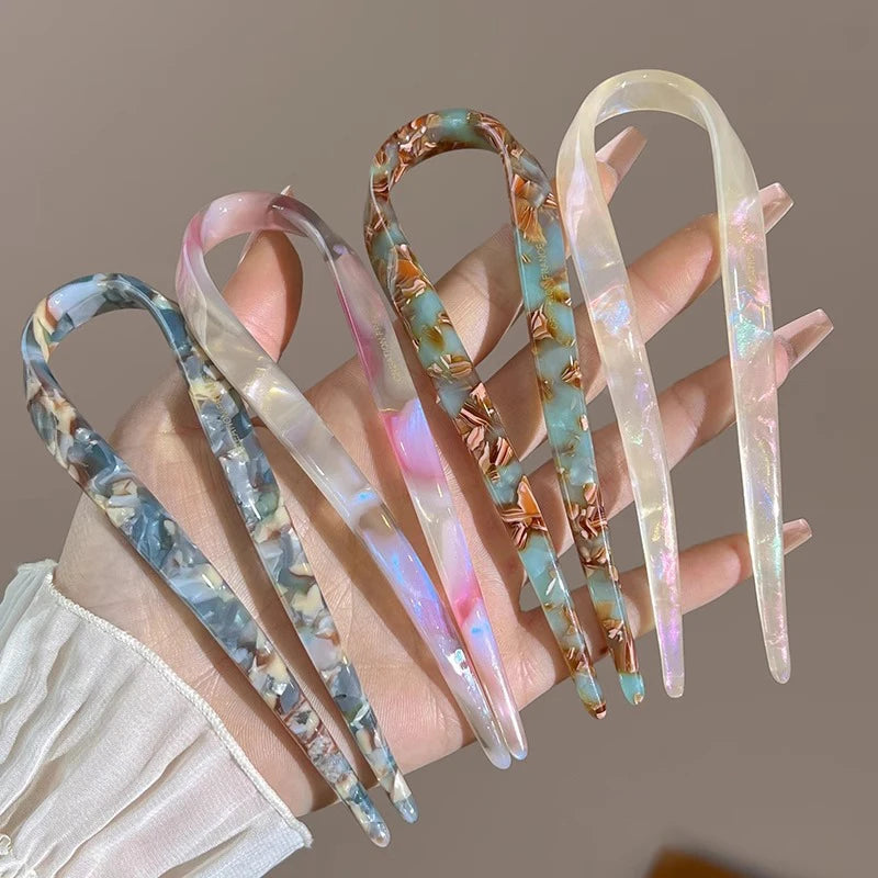 U-Shaped Hair Sticks Acetate Acrylic Hair Fork Hair Clips Fashion Bow Hairpin Geometric Headwear Women Girls Hair Accessories