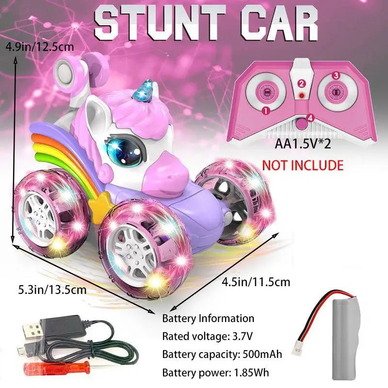 Unicorn Remote Control Car for Girls, 360° Rotating 4WD Stunt RC Cars with Cute Lights, Rechargeable Toys-Kid for Birthday Gifts