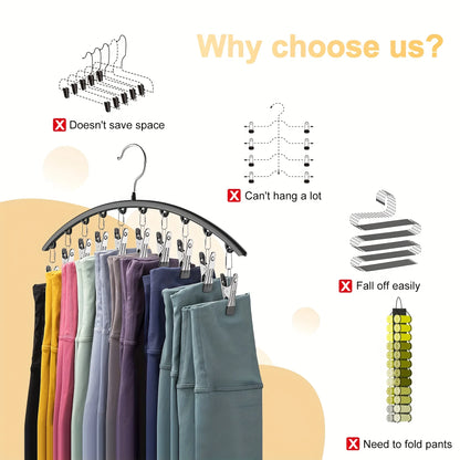 1pc Curved Shape Hanger, Metal Yoga Pants Hangers, Organizer For Closet, Pants Hanger With 10 Clothespins, Holds 10 Leggings