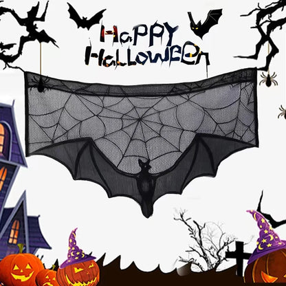 Halloween Lace Curtain with Black Bats and Spider Web Decor