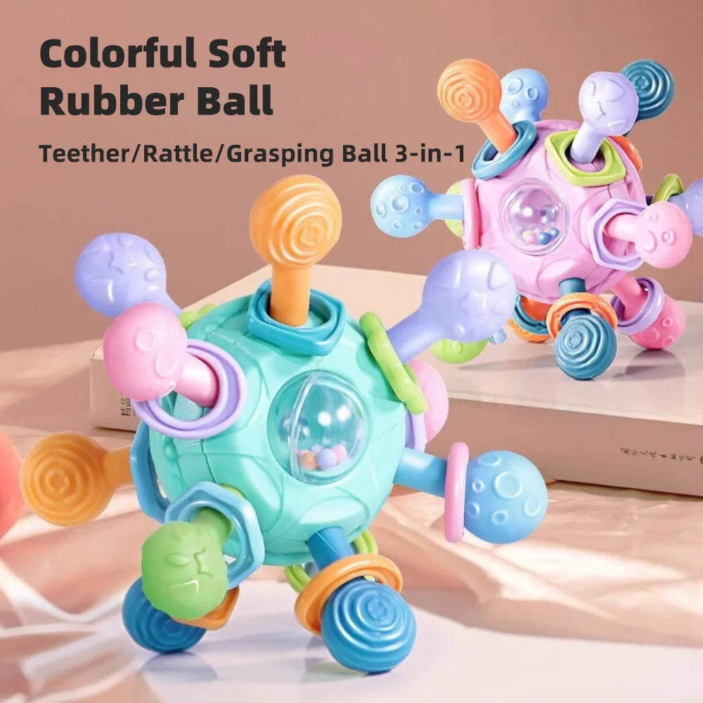 Baby Silicone Teether Grasping Ball – 3-in-1 Rattle Toy