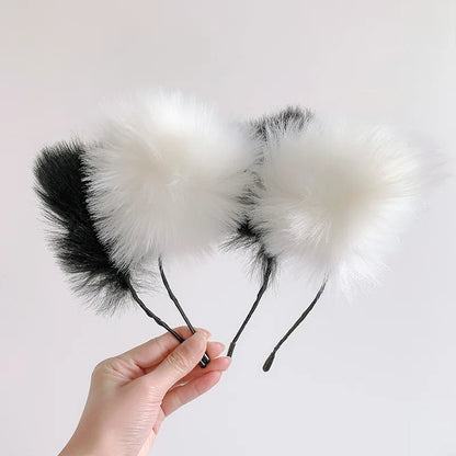Plush Lace Cat Ears Bell Headband for Women Korean Style Elegant Fashion Girl Hair Band Party Cosplay