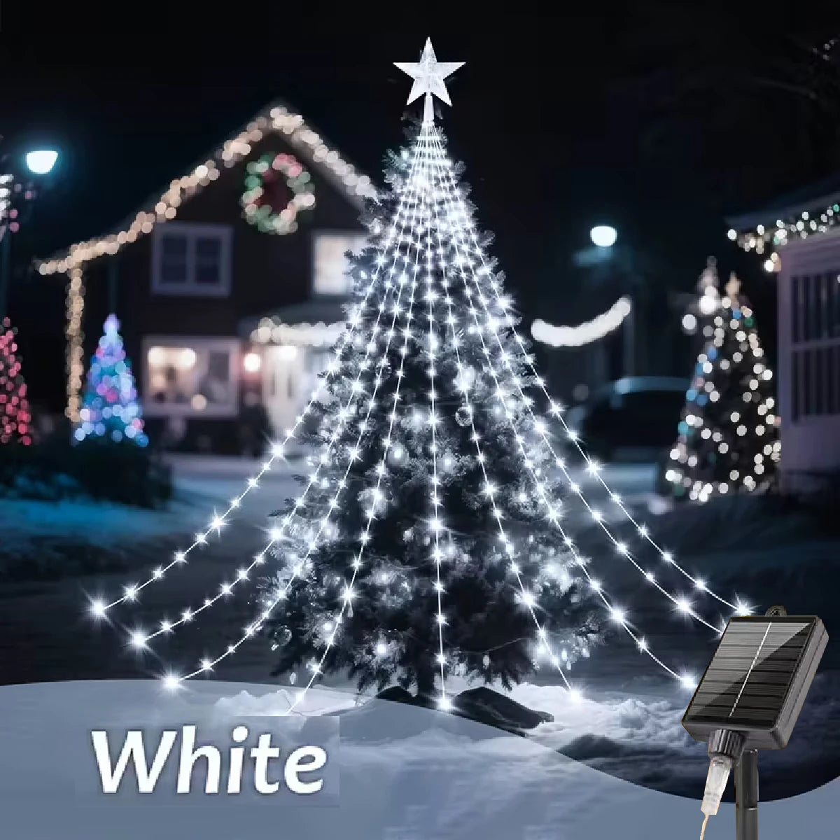 Star Waterfall String Lights – Solar LED Christmas Tree Decor