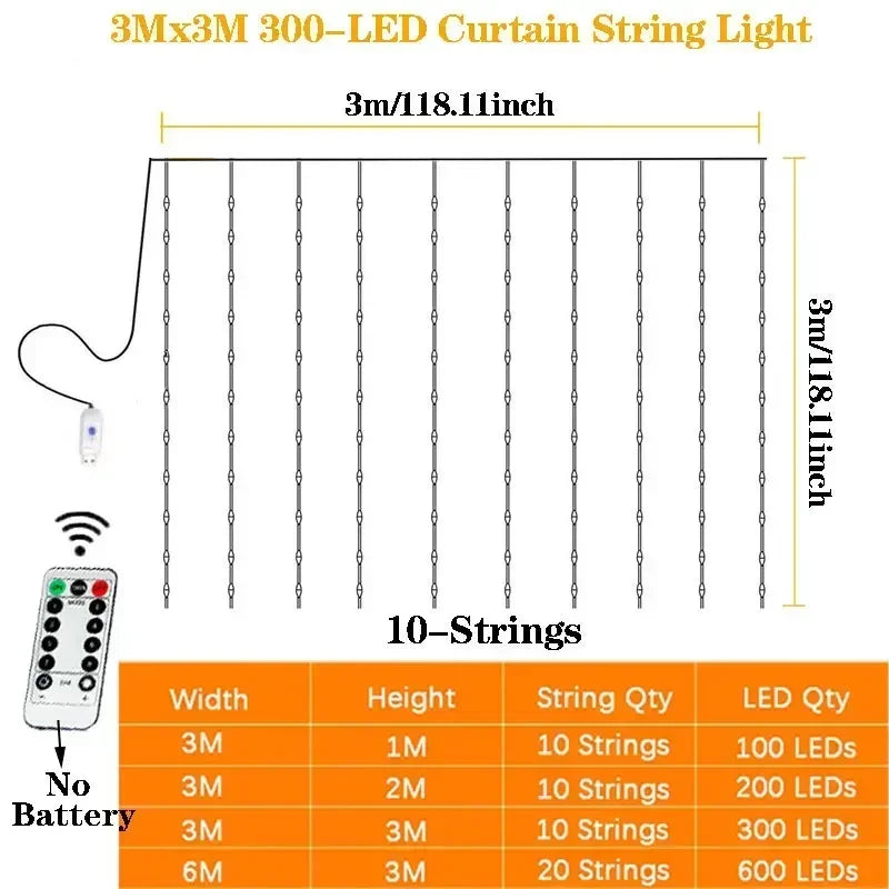3/6M USB LED Curtain 8Modes Remote Control Lights Holiday Wedding Garland for Bedroom Living Room Decor Ramadan Decorations