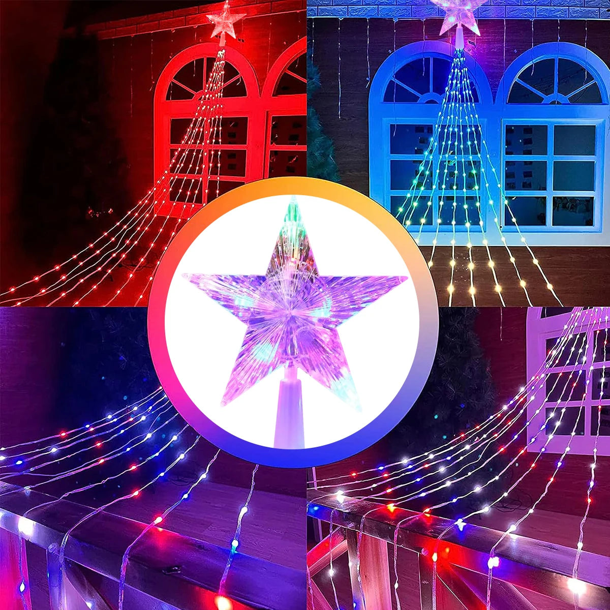 Star Waterfall String Lights – Solar LED Christmas Tree Decor