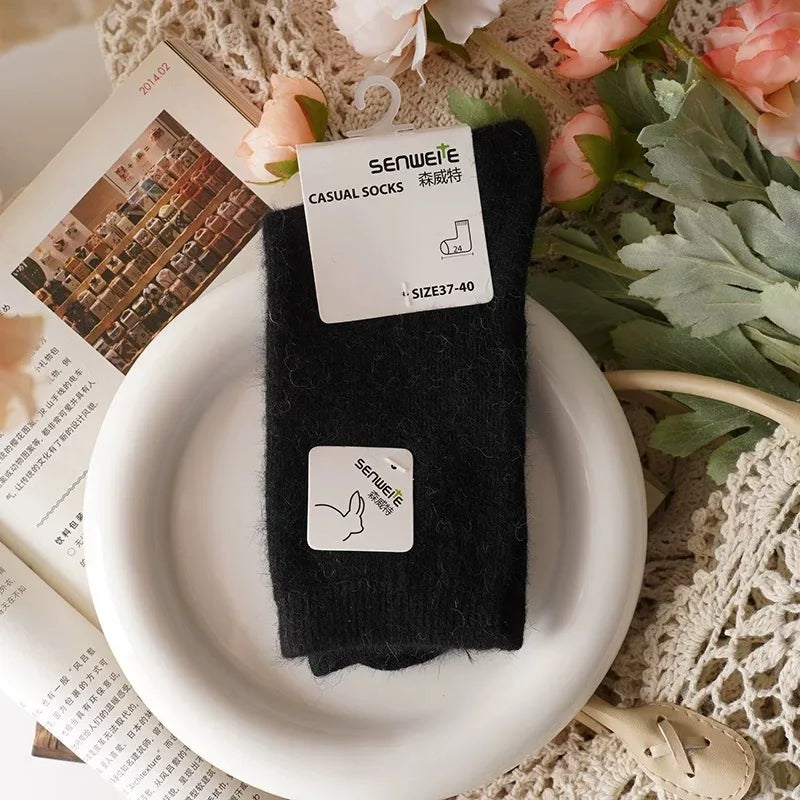 Wool Socks for Women Autumn Winter Medium Tube Socks Thickened with Wool Warm Rabbit Hair Socks Winter Black Cashmere Stockings