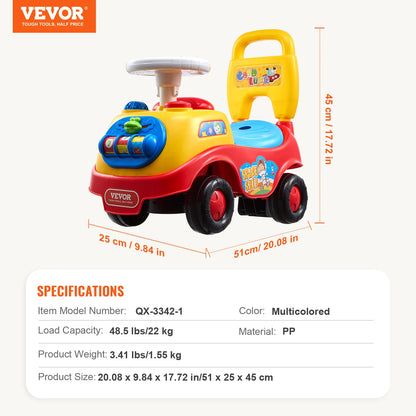 Toddler Ride-On Push Car with Music, Steering Wheel and Storage