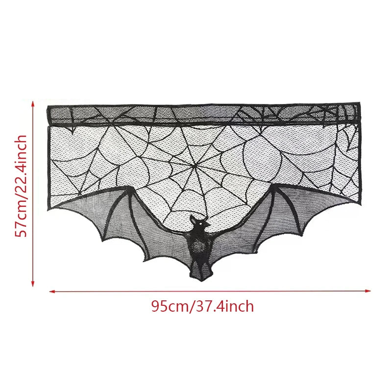 Halloween Lace Curtain with Black Bats and Spider Web Decor