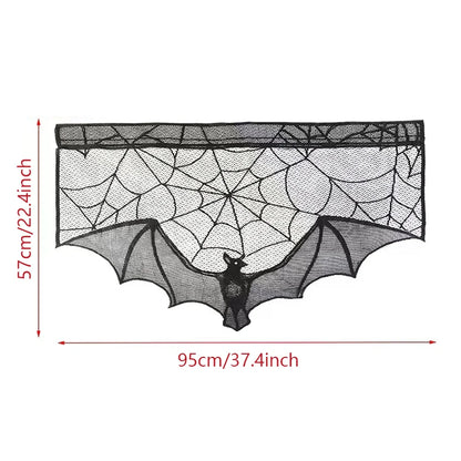 Halloween Lace Curtain with Black Bats and Spider Web Decor