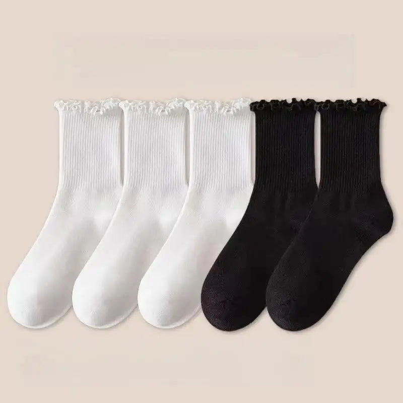 5 Pairs /1 Lot Socks for Women Breathable Black White Set Spring Autumn Ruffle Middle Tube Ankle Short