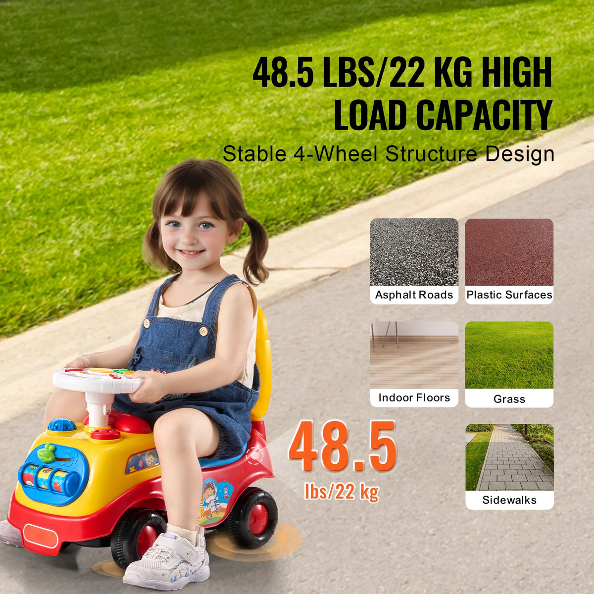 Toddler Ride-On Push Car with Music, Steering Wheel and Storage