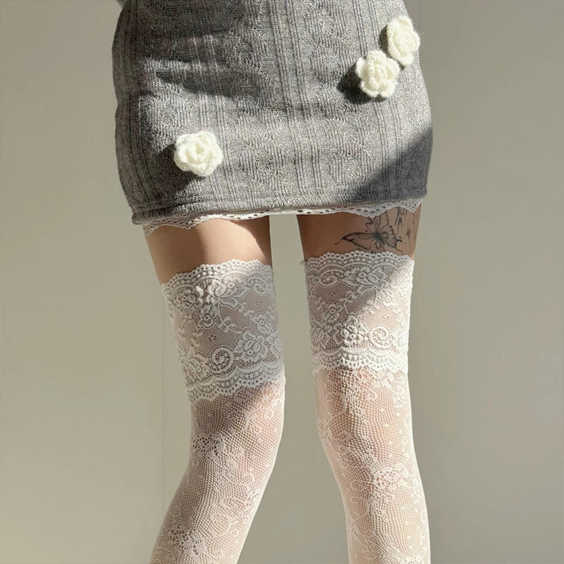 Women’s Fishnet Stockings – Lace Floral Thigh High Socks