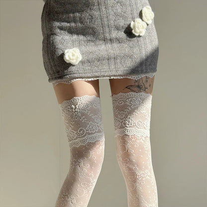 Women’s Fishnet Stockings – Lace Floral Thigh High Socks