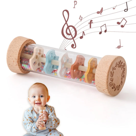 Baby Rain Stick Wooden Sensory Rattle with Colorful Beads