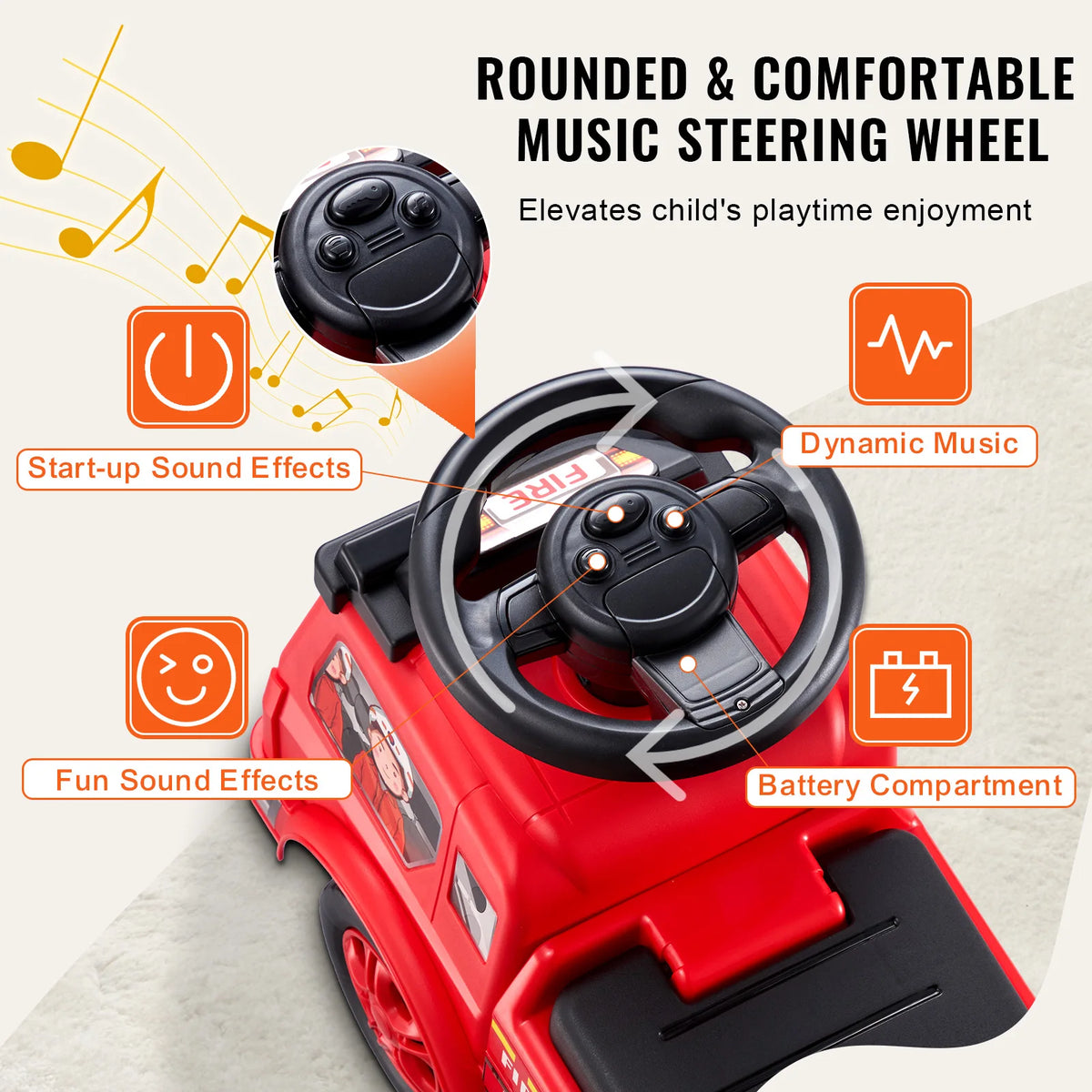 Kids Ride On Push Car with Music Steering Wheel and Storage
