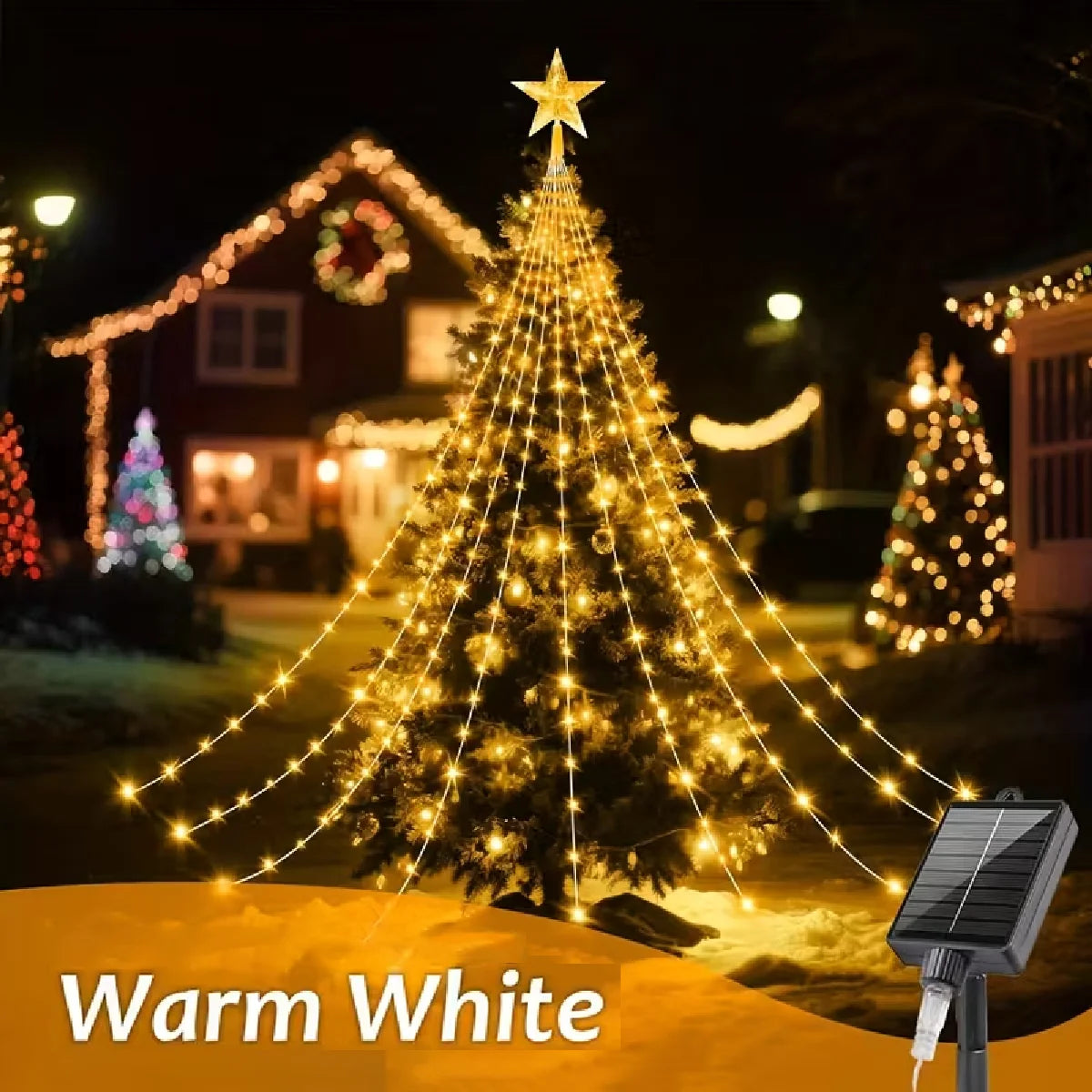 Star Waterfall String Lights – Solar LED Christmas Tree Decor