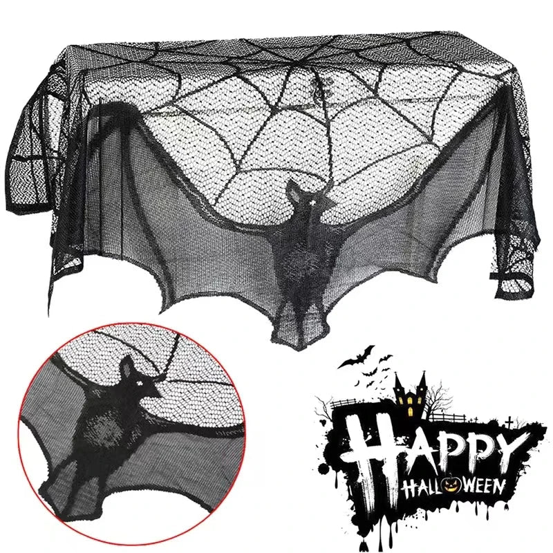 Halloween Lace Curtain with Black Bats and Spider Web Decor