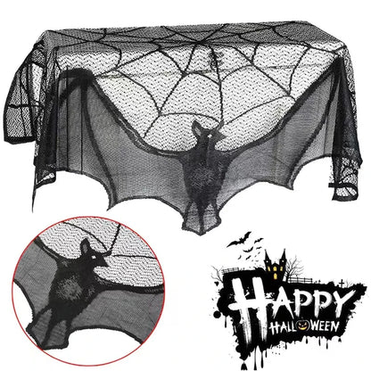 Halloween Lace Curtain with Black Bats and Spider Web Decor