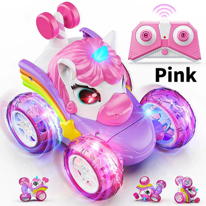 Unicorn Remote Control Car for Girls, 360° Rotating 4WD Stunt RC Cars with Cute Lights, Rechargeable Toys-Kid for Birthday Gifts