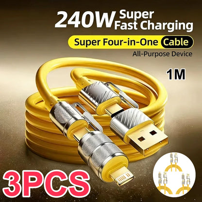 1/3PCS 240W 4-in-1 Fast Charging Data Cable Type-C To Type-C Zinc Alloy Cable For iPhone15/16p Samsung Huawei Xiaomi
