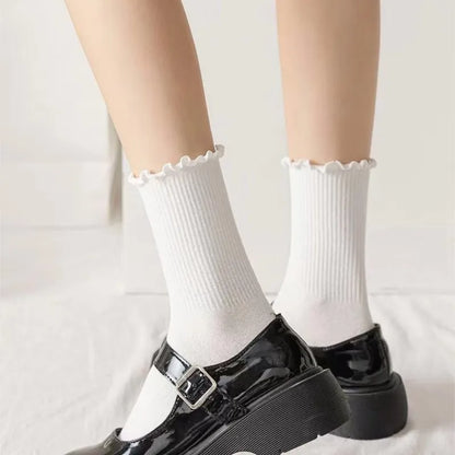 5 Pairs /1 Lot Socks for Women Breathable Black White Set Spring Autumn Ruffle Middle Tube Ankle Short