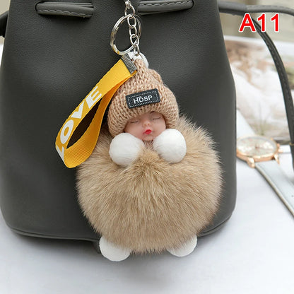 Pompom Sleeping Baby Keychain Cute Fluffy Plush Doll Keyholder Women Girl Bags Keyrings Cars Key Ring Gift Charming Decoration