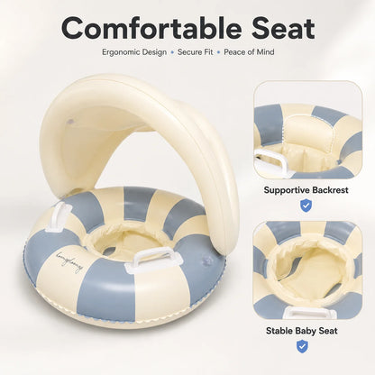 Baby Swim Ring Inflatable Summer Pool Float Seat with Canopy Sunshade Handles Cartoon Swimming Ring for Boys Girls Toddler 40lbs