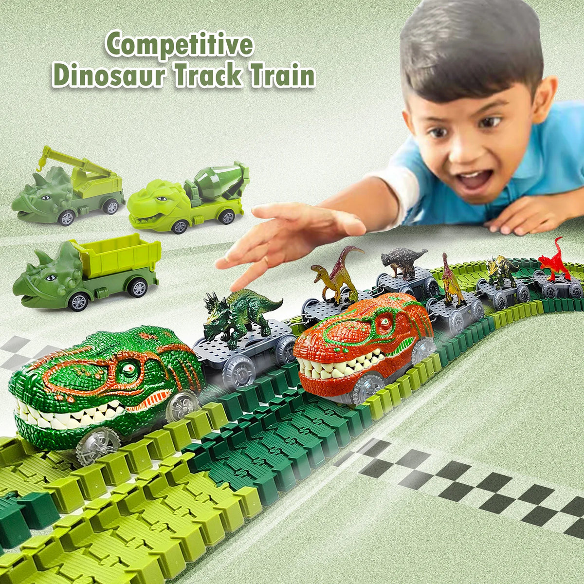 Dinosaur Track Toy – Kids Electric Track Car with Lights