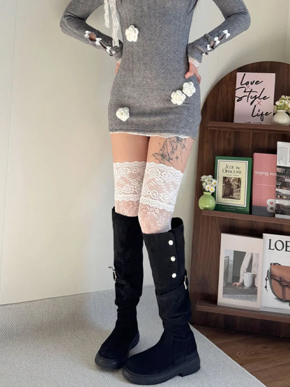 Women’s Fishnet Stockings – Lace Floral Thigh High Socks